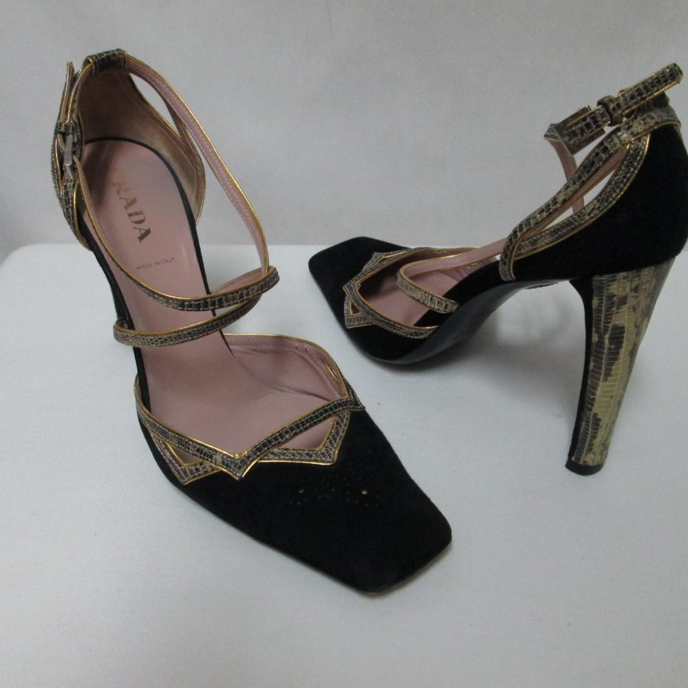 PRADA black Suede w/ Snakeskin square toe heels pumps ITALY buckle Size Sz 38